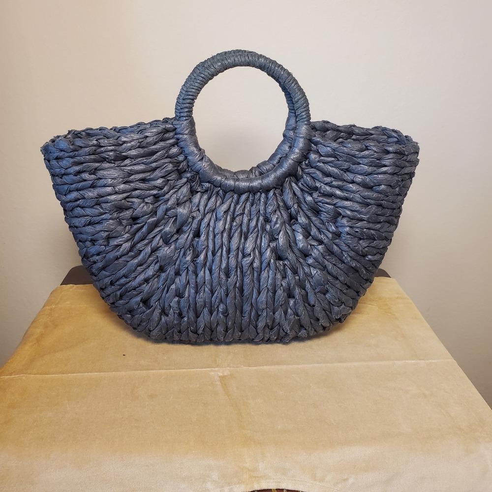 Bujibaja Charcoal Gray Woven Straw Fan Tote Bag Circular Handle Summer Beach - Picture 10 of 10
